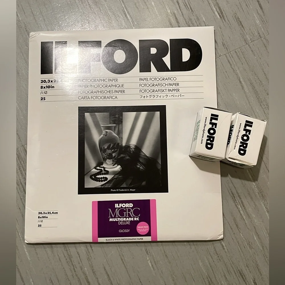 Nikon N50 Camera, 2 Ilford black and white films, 20 Ilford glossy papers